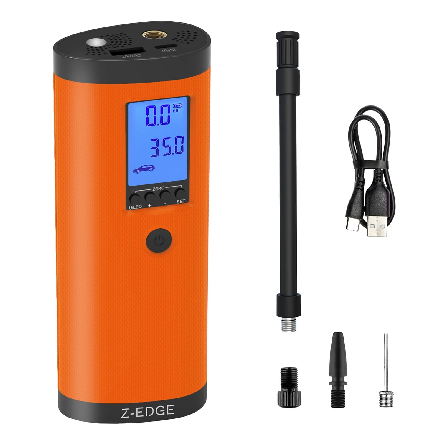 Z-Edge ZA103 Combo 150-PSI Portable Air Inflator and 2000-mAh Power Bank with Digital Display and Carrying Pouch, Orange