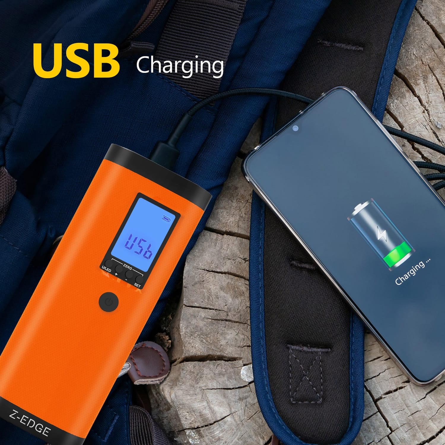 Z-Edge ZA103 Combo 150-PSI Portable Air Inflator and 2000-mAh Power Bank with Digital Display and Carrying Pouch, Orange