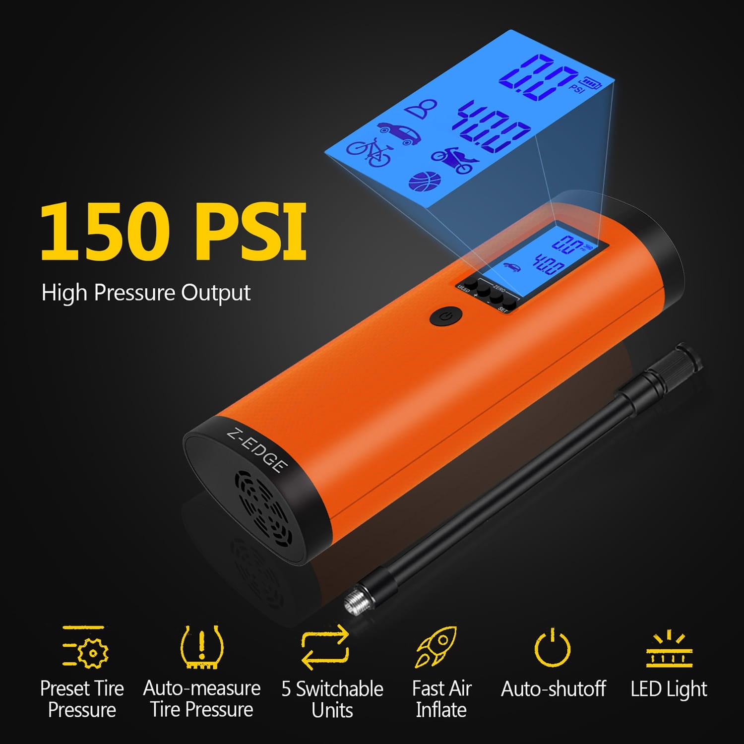 Z-Edge ZA103 Combo 150-PSI Portable Air Inflator and 2000-mAh Power Bank with Digital Display and Carrying Pouch, Orange