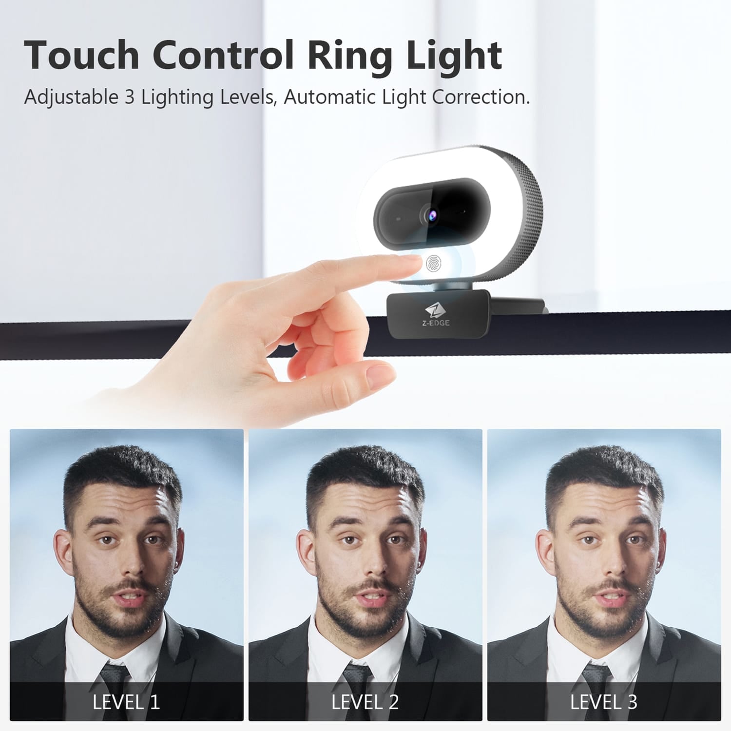 Z-Edge QHD 2K 5.0-MP Auto-Focus Webcam and Ring Light with Stereo Sound and Noise-Reduction Microphone, ZW560S