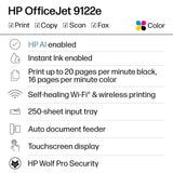 HP OfficeJet Pro 9122e Wireless All-in-One Color Inkjet Printer, Print, Scan, Copy, Fax, Duplex, ADF - Certified Refurbished