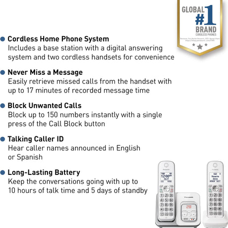 Panasonic Cordless Phone, Call Block & Answering Machine, 2 Handsets - Certified Refurbished