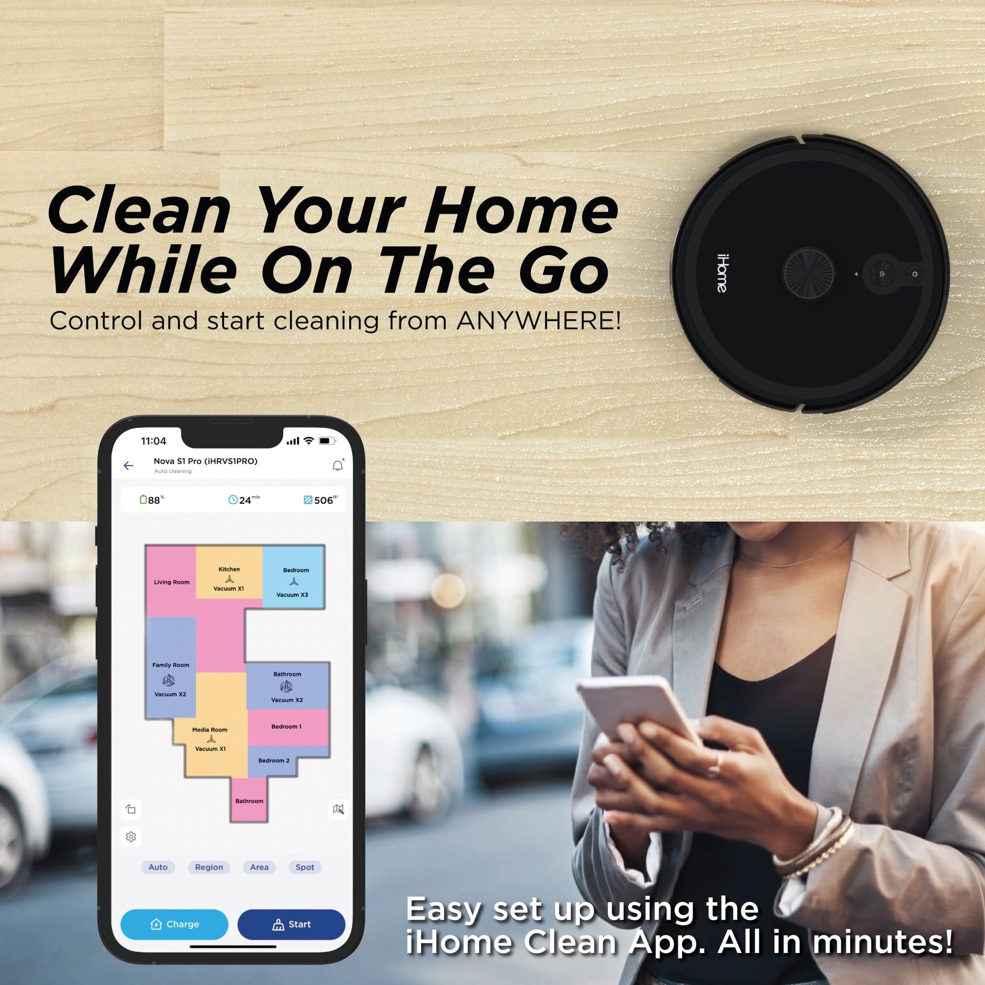 iHome AutoVac Nova S1 Pro Self Empty Robot Vacuum, LIDAR Mapping, 150 Min Runtime, Black