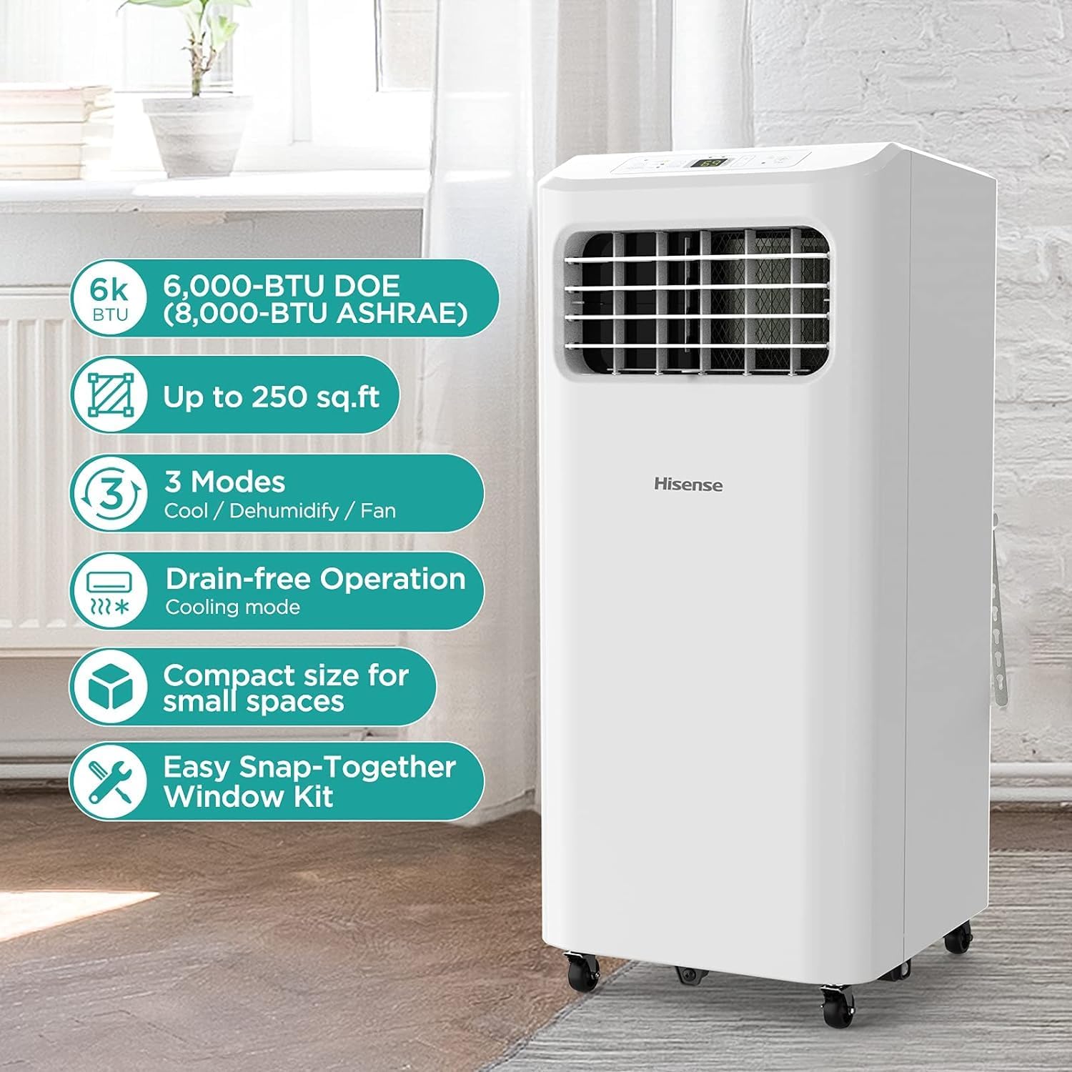 Hisense 250-sq.ft 6,000 BTU SACC / 8,000 BTU ASHRAE 115-Volt Ultra-Slim Portable Air Conditioner - Certified Refurbished