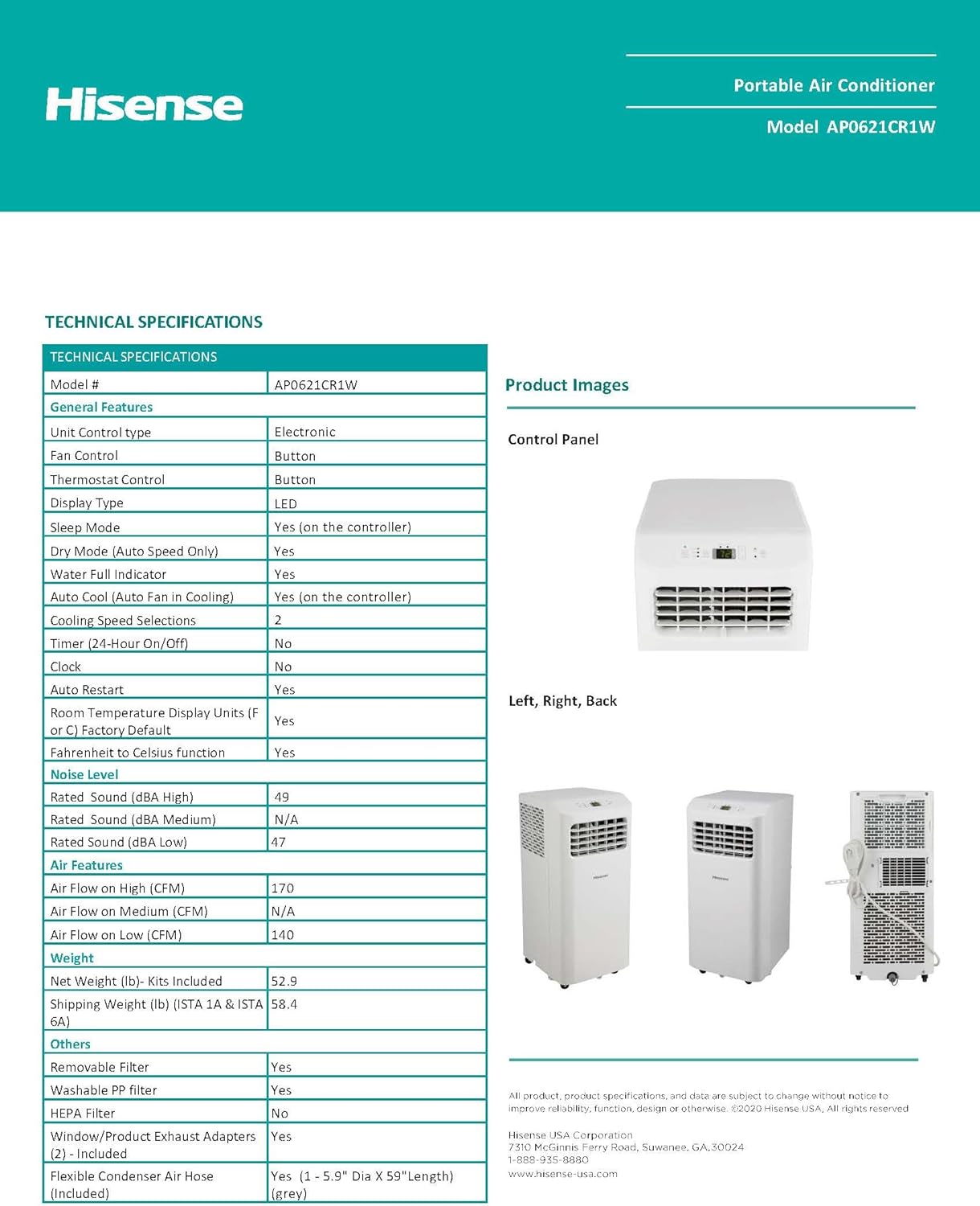 Hisense 250-sq.ft 6,000 BTU SACC / 8,000 BTU ASHRAE 115-Volt Ultra-Slim Portable Air Conditioner - Certified Refurbished