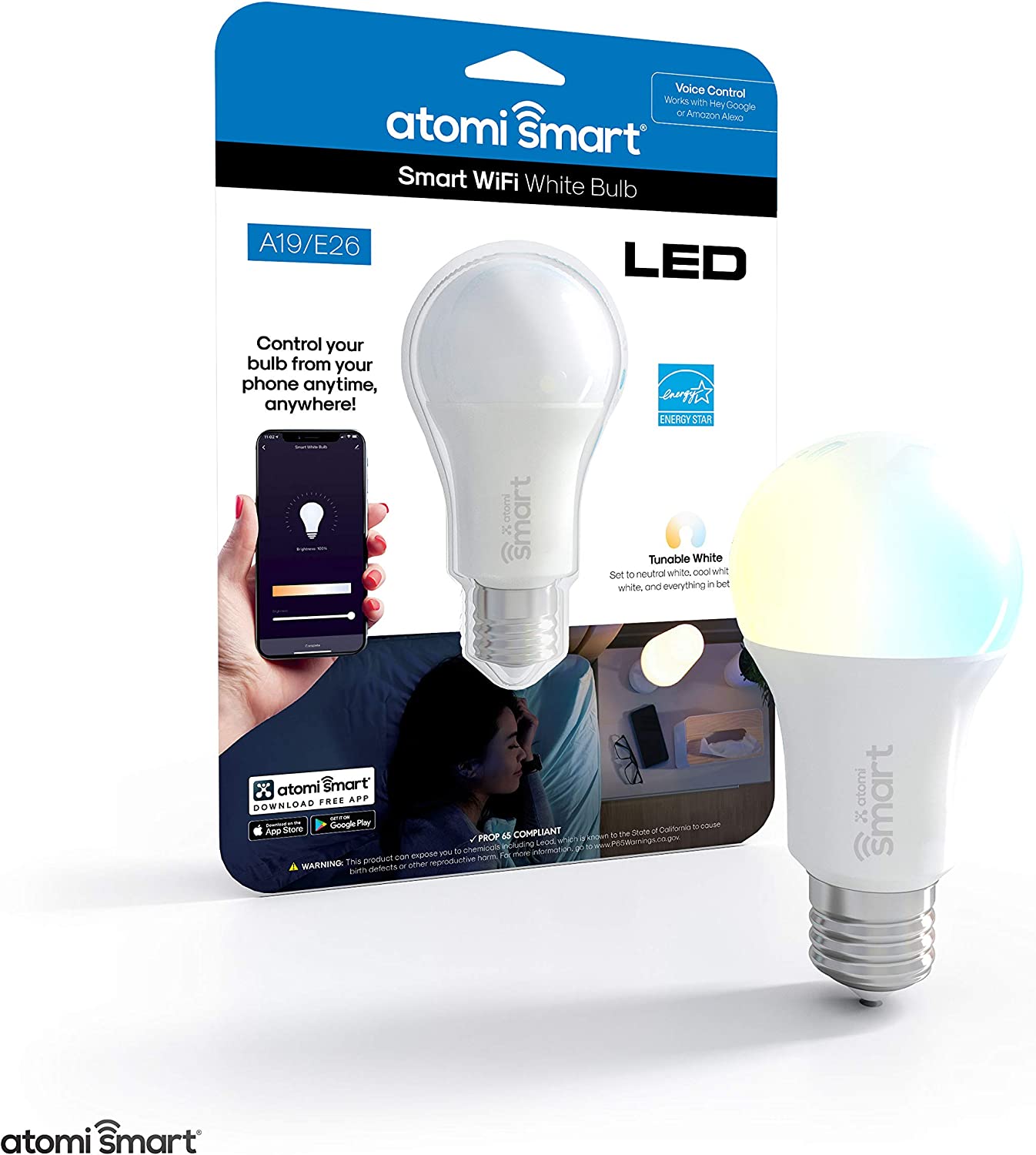 Atomi AT-1291 Smart WiFi LED Bulb with Dimmable and Tunable White Light 2700K-6000K, White
