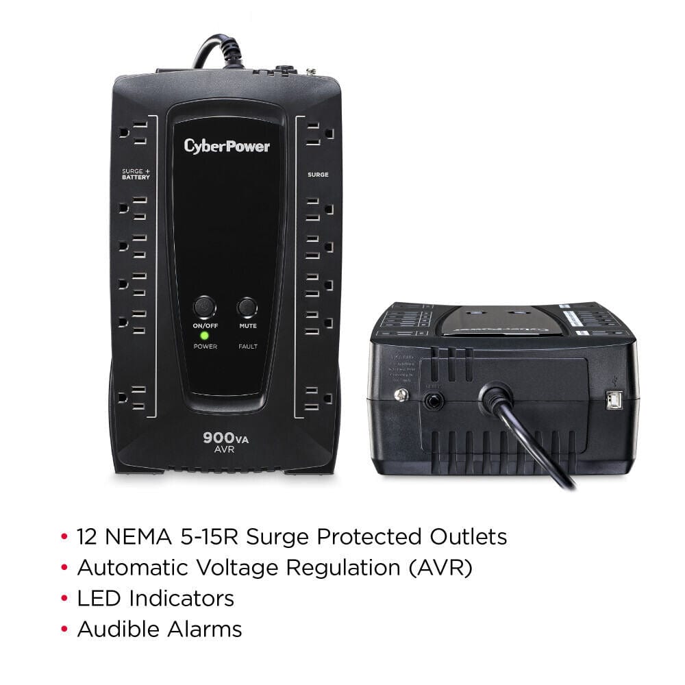 CyberPower AVR UPS System, 900VA/480W, 12 Outlets, Compact, Black - Certified Refurbished