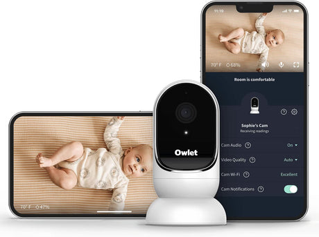 Owlet Cam Audio and Background Sound, Room Temp, Night Vision Smart HD Video Camera Baby Monitor White