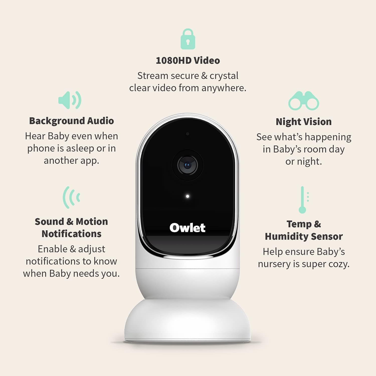 Owlet Cam Audio and Background Sound, Room Temp, Night Vision Smart HD Video Camera Baby Monitor White