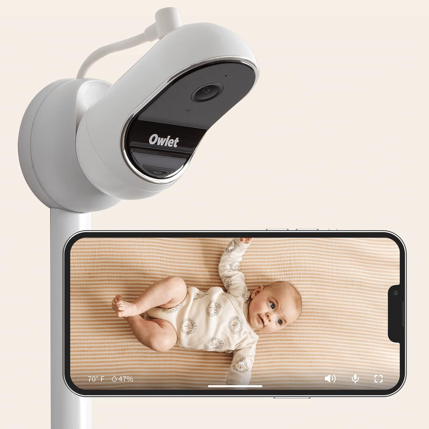 Owlet Cam Audio and Background Sound, Room Temp, Night Vision Smart HD Video Camera Baby Monitor White