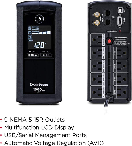 CyberPower 1000VA/600W Intelligent LCD UPS System with AVR and LCD - New Battery Certified Refurbished