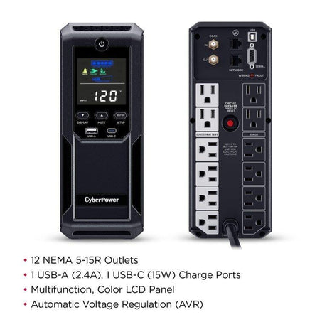 CyberPower Intelligent LCD UPS System, 1350 VA / 815 W, 12 Outlets, Black - Certified Refurbished