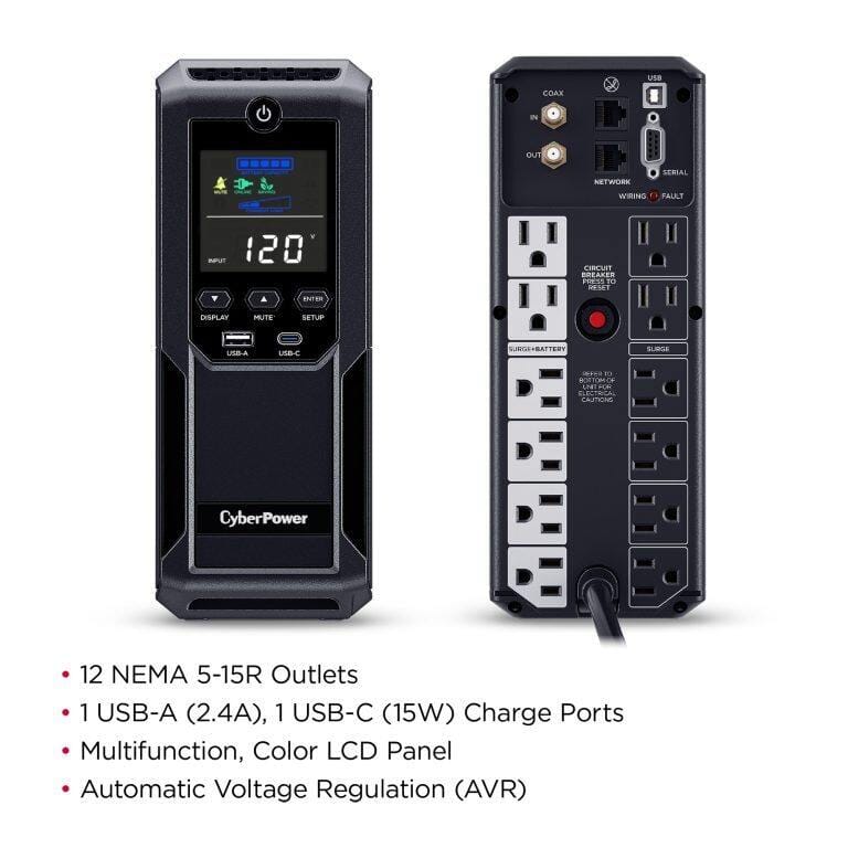 CyberPower Intelligent LCD UPS System, 1350 VA / 815 W, 12 Outlets, Black - Certified Refurbished