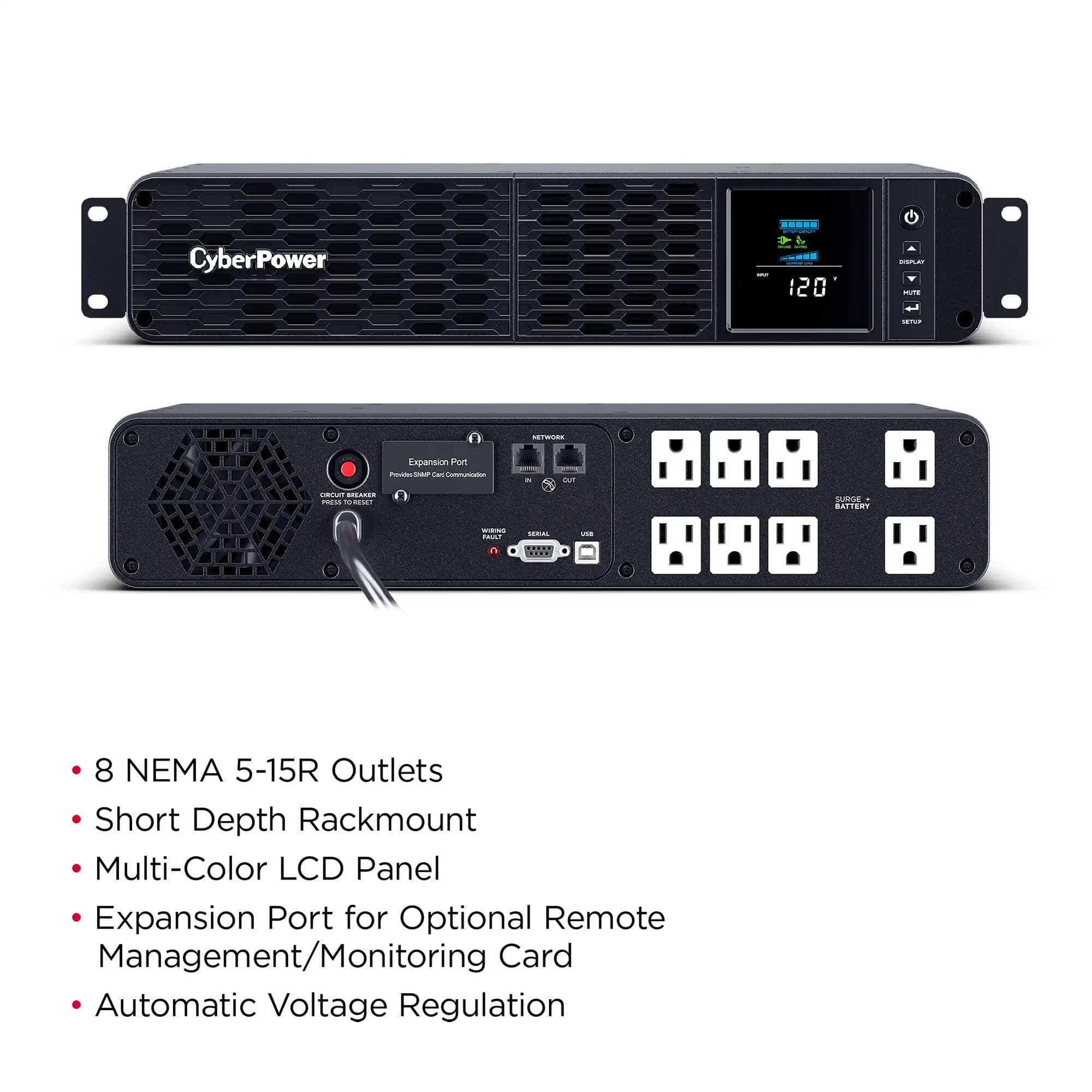 CyberPower PFC 1500VA/1000W, 8 Outlets, AVR, Short Depth 2U Rackmount Sinewave UPS System - Certified Refurbished