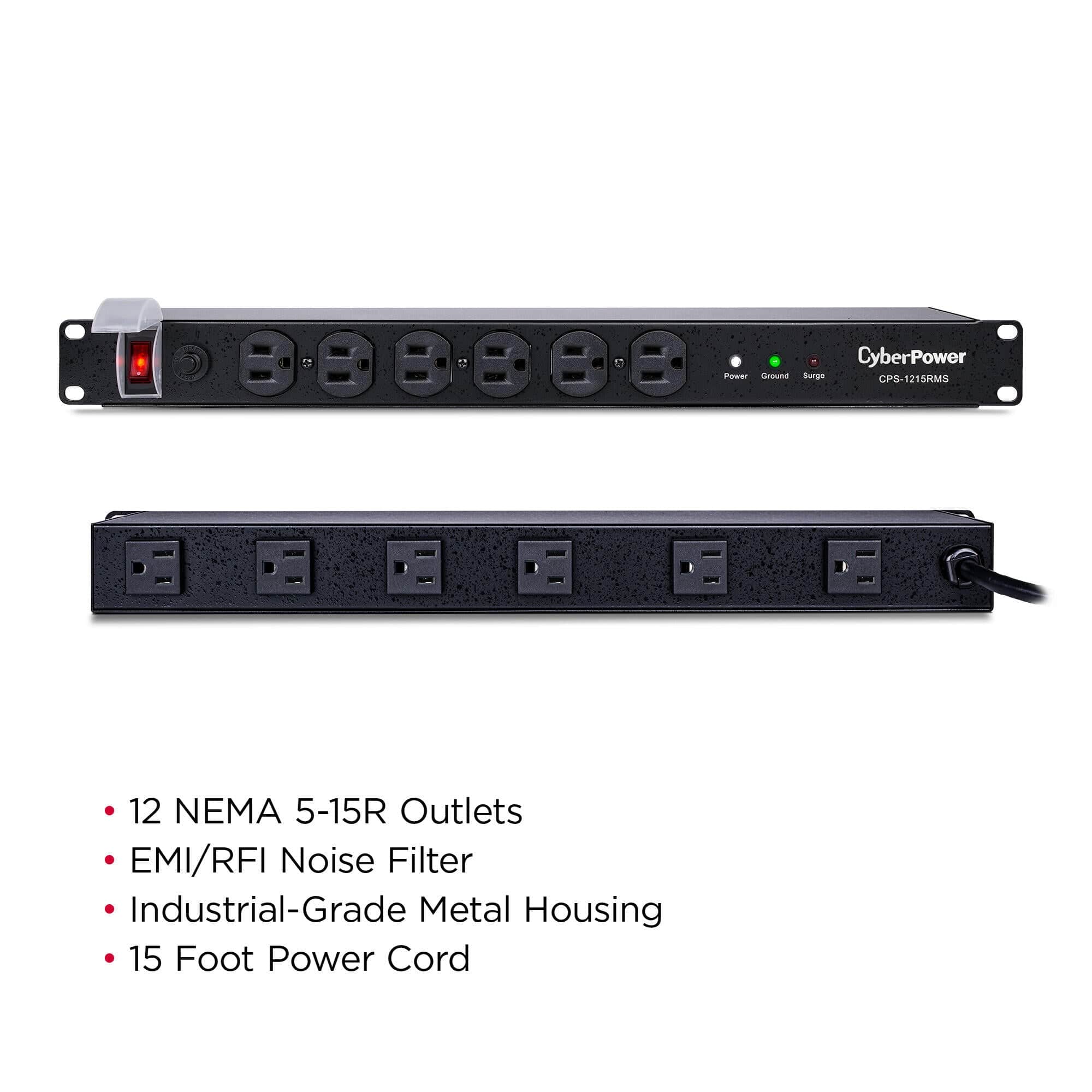 CyberPower Surge Protector, 120V/15A, 12 Outlets, 15 ft Power Cord, 1U Rackmount - Certified Refurbished