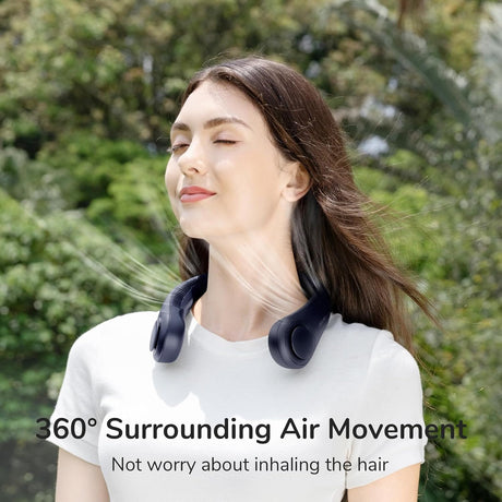 JisuLife Portable Neck Fan, Hands-Free Bladeless, 5-Speed, Wearable Personal Fan, Twistable, Rechargeable, Dark Grey/Blue