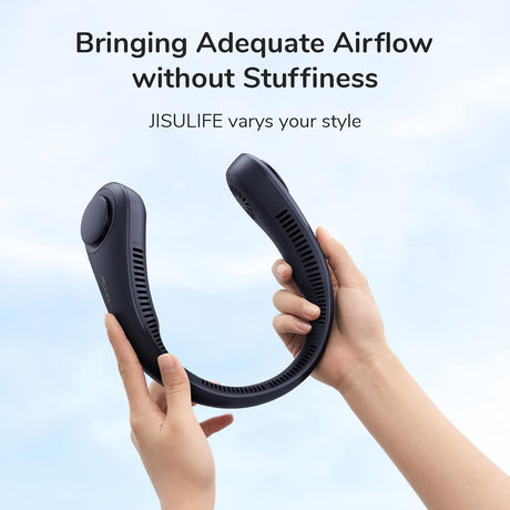 JisuLife Portable Neck Fan, Hands-Free Bladeless, 5-Speed, Wearable Personal Fan, Twistable, Rechargeable, Dark Grey/Blue