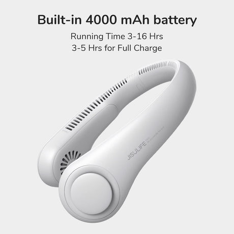 JisuLife Portable Neck Fan, Hands-Free Bladeless, 5-Speed, Wearable Personal Fan, Twistable, Rechargeable, White/Light Grey