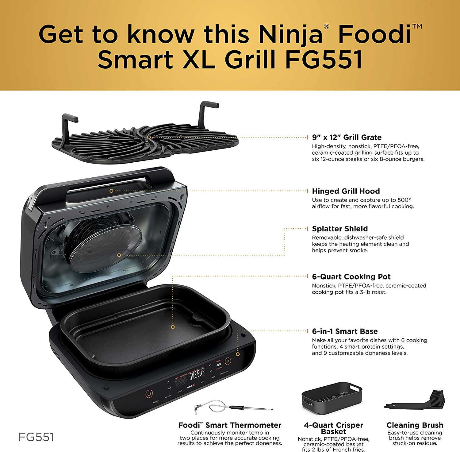 Ninja FG551H Foodi Smart 6 in 1 Indoor Grill with Air Fryer