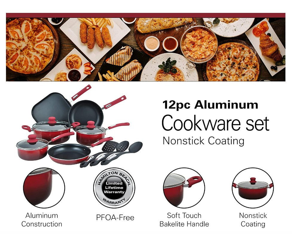 Hamilton Beach HAB601 12 Piece Non-Stick Interior Soft Touch Handles Aluminum Cookware Set, Gradient Red