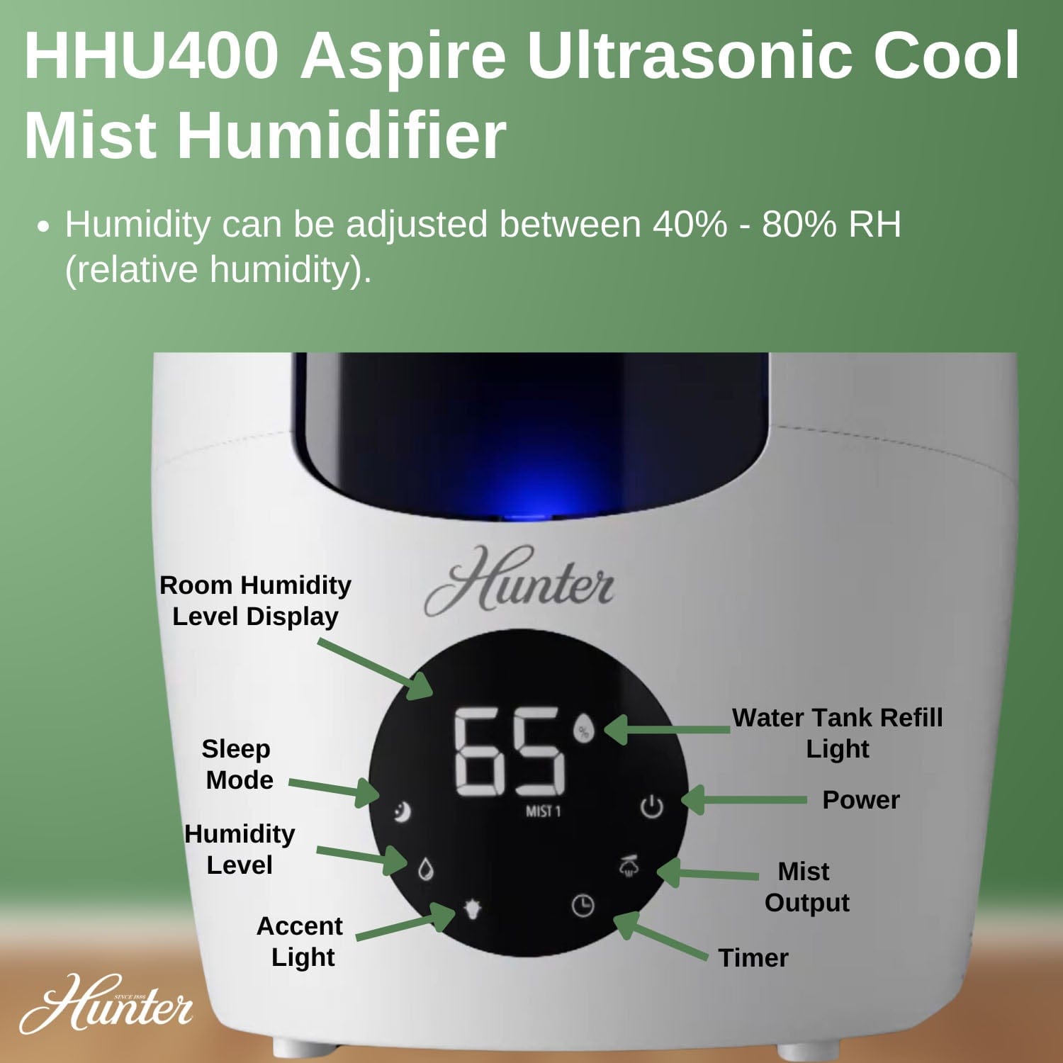 Hunter Aspire Ultrasonic 2.25 Gal Cool Mist Humidifier, Ultrasonic Cool Mist, HHU400