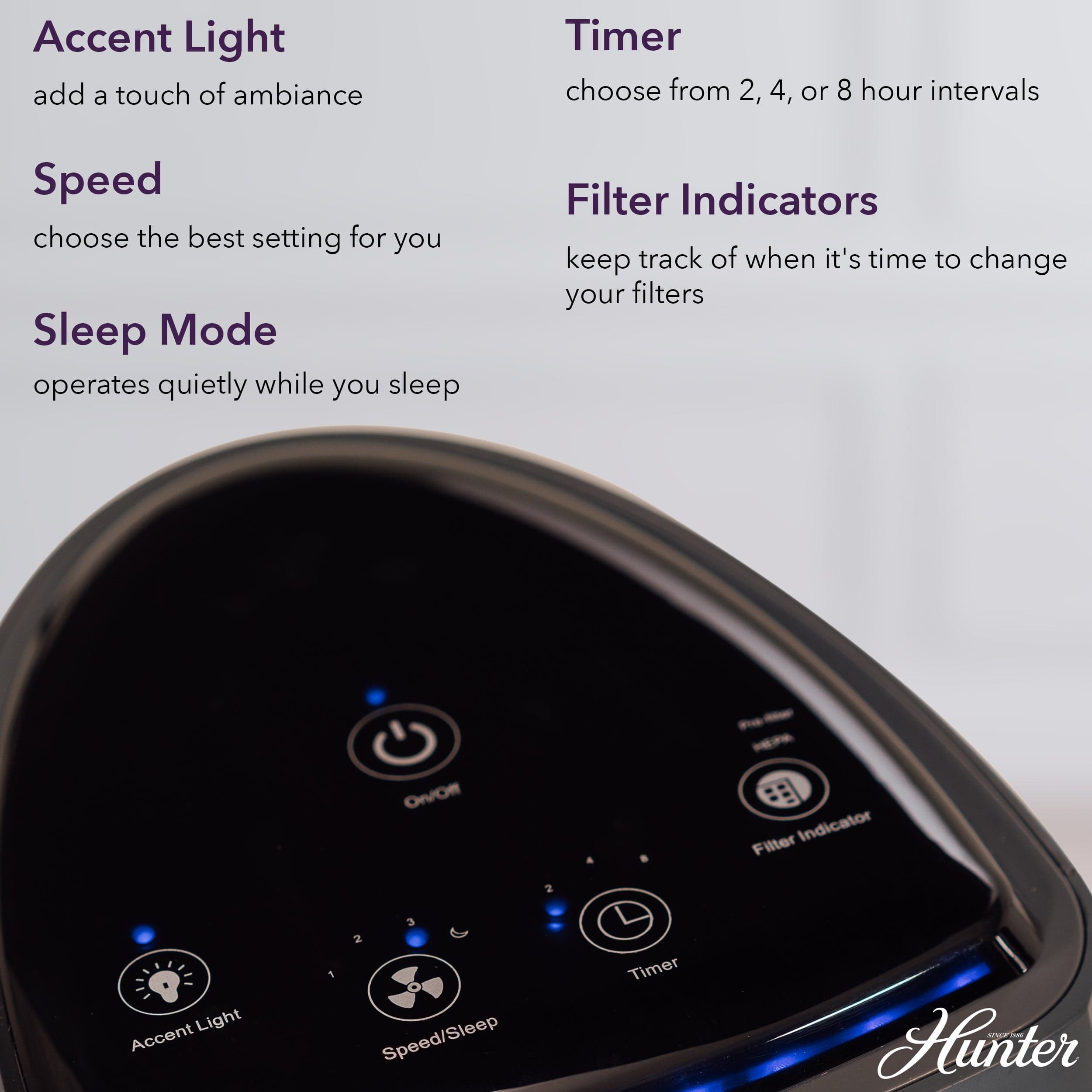 Hunter Tall Tower Air Purifier, 3-Stage True HEPA Filter, Sleep Mode, Timer, Quiet Operation, HP600
