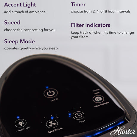 Hunter Tall Tower Air Purifier, 3-Stage True HEPA Filter, Sleep Mode, Timer, Quiet Operation, HP600