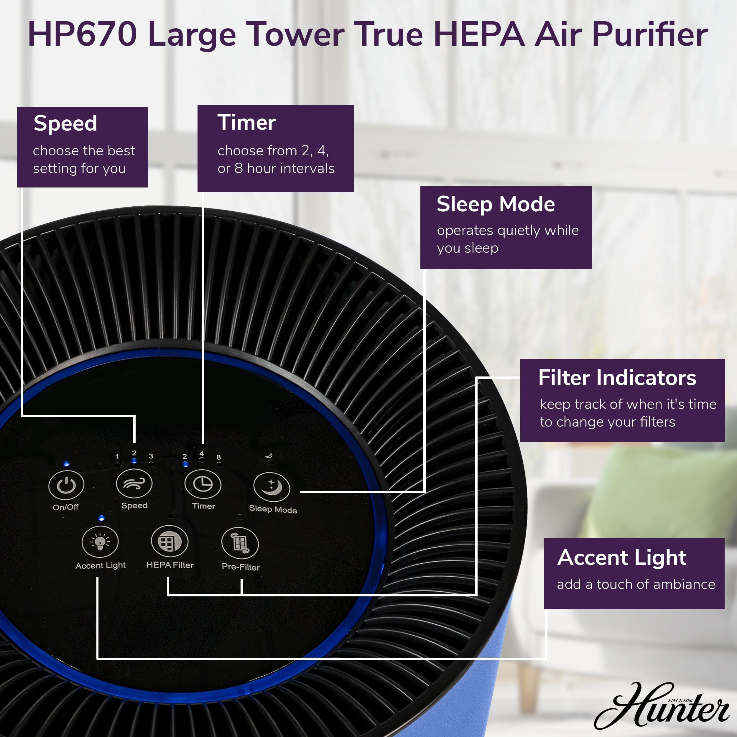 Hunter Large Tower True HEPA Air Purifier, for Allergies, Smoke + Pets, HP670