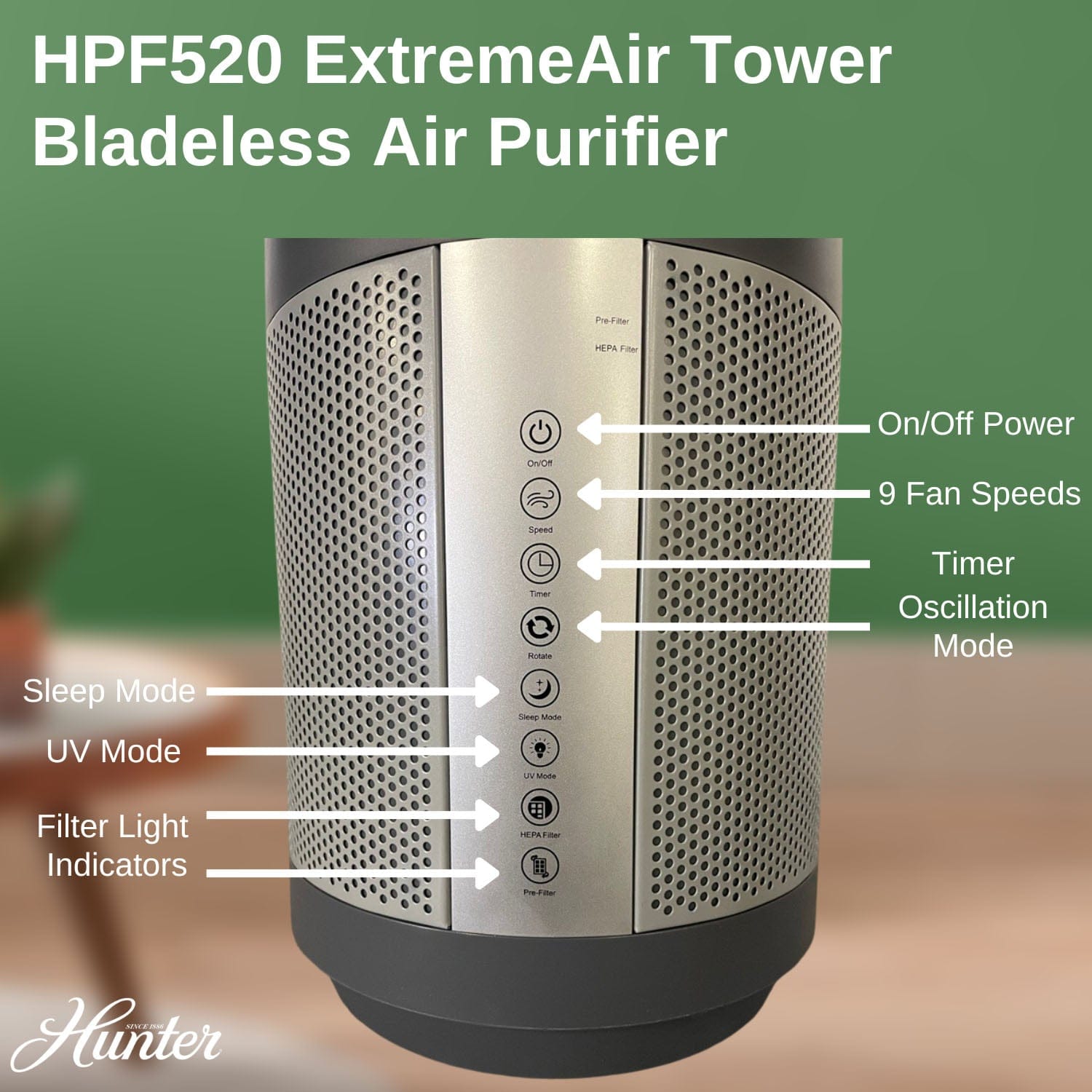 Hunter ExtremeAir Tower Bladeless Air Purifier Fan 2-in-1 for Home Combo, True HEPA, HPF520