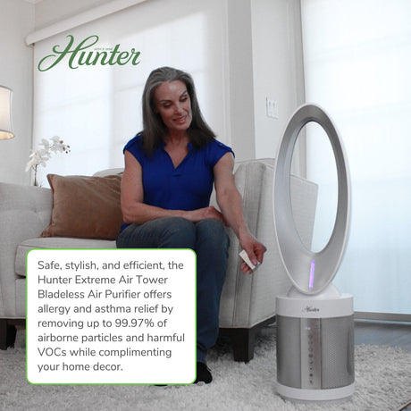 Hunter ExtremeAir Tower Bladeless Air Purifier Fan 2-in-1 for Home Combo, True HEPA, HPF520