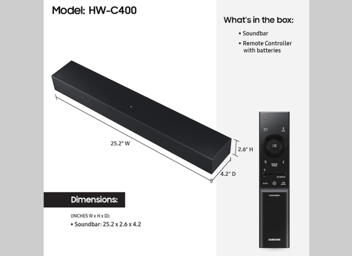 Samsung HW-C400/ZA-RB 2.0ch 25" Wide Wireless Soundbar - Certified Refurbished