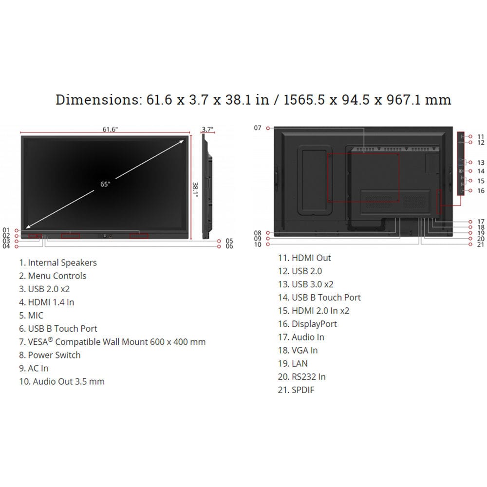 ViewSonic IFP6560-S 65" ViewBoard 4K UHD Education and Enterprise Flat Panel Interactive Display - Certified Refurbished