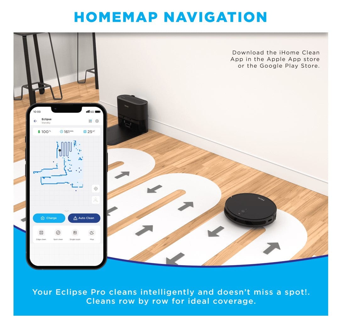iHome AutoVac Eclipse Pro 3-in-1 Robot Vacuum & Vibrating Mop - Certified Refurbished Grade B
