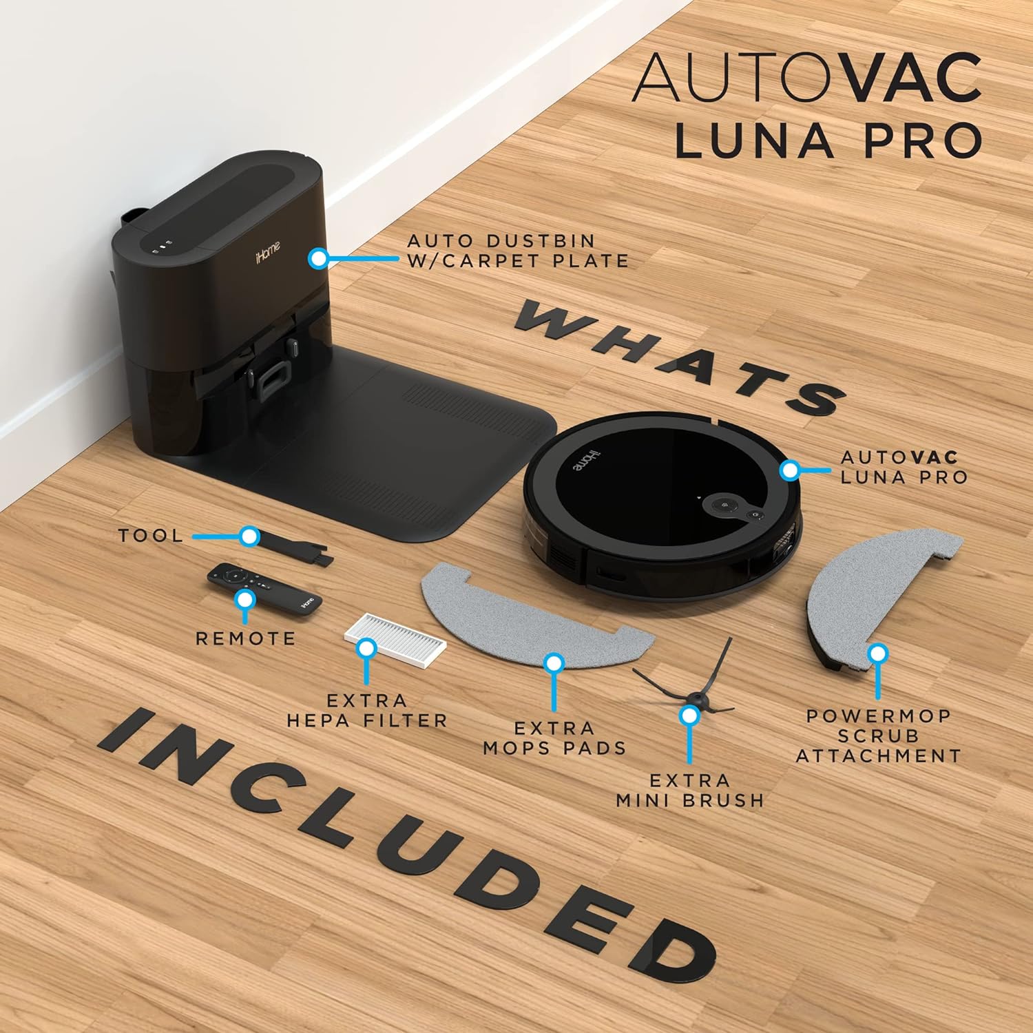 iHome iHRV13-BLK-RB AutoVac Luna Pro 3-in-1 Robot Vacuum & Vibrating Mop - Certified Refurbished, Grade B