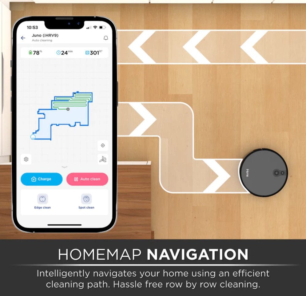 iHome AutoVac Juno Robot Vacuum with Mapping Technology, 2000pa Strong Suction Power - Certified Refurbished Grade B