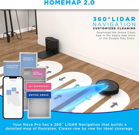 iHome AutoVac Nova S1 Pro Self Empty Robot Vacuum, LIDAR Mapping, 150 Min Runtime, Strong Suction - Certified Refurbished Grade A
