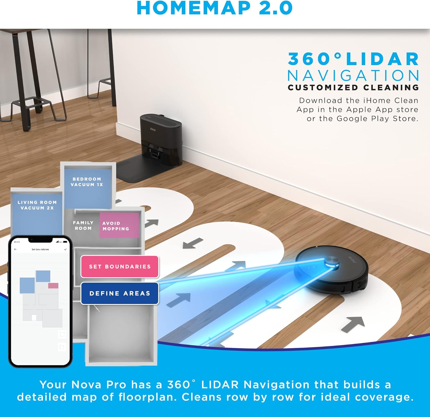 iHome AutoVac Nova S1 Pro Self Empty 360 LIDAR Mapping Robot Vacuum - Certified Refurbished