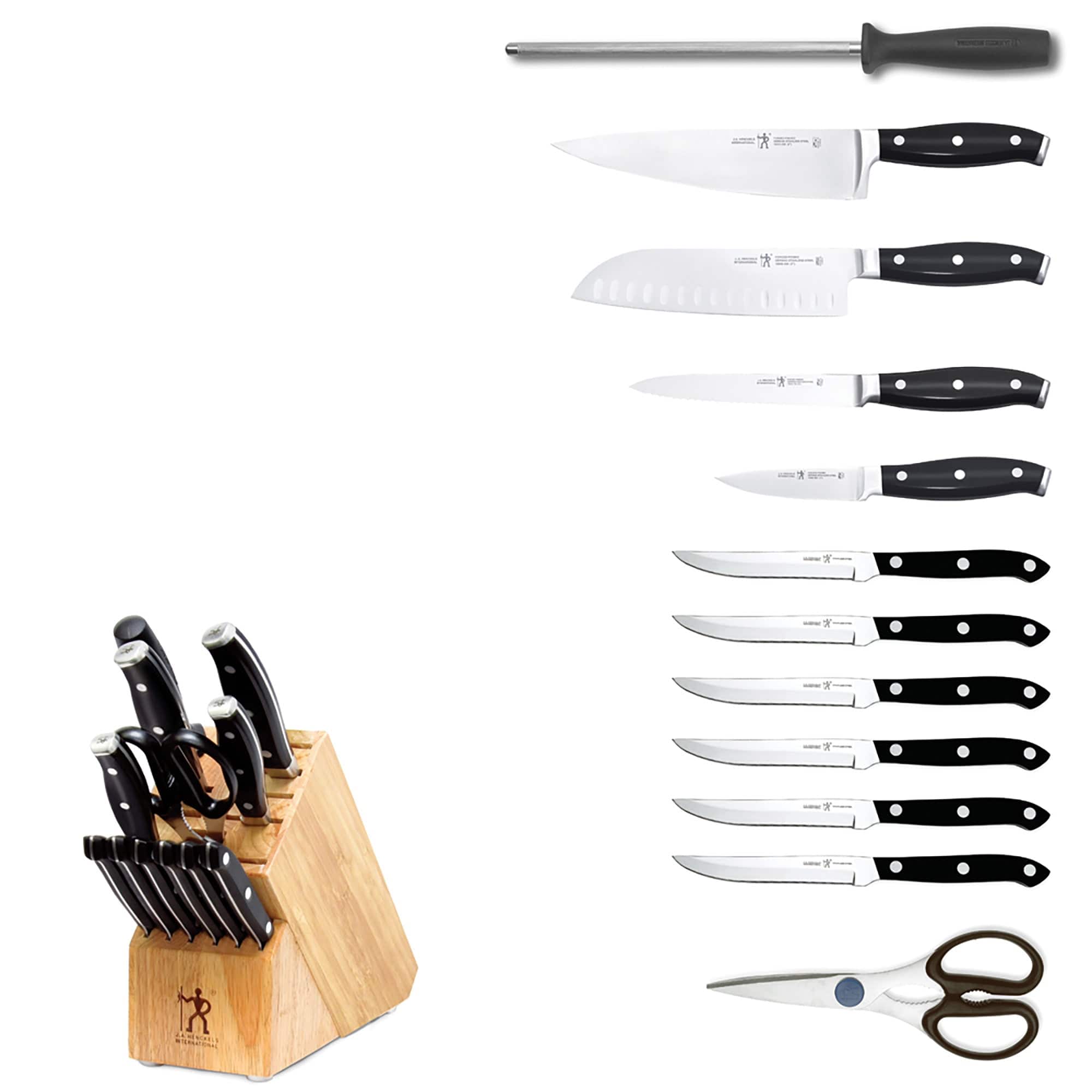 Henckels Forged Premio 13-Pc Knife Set with Block, Chef, Paring, Utility, Steak, Light Brown, Stainless Steel