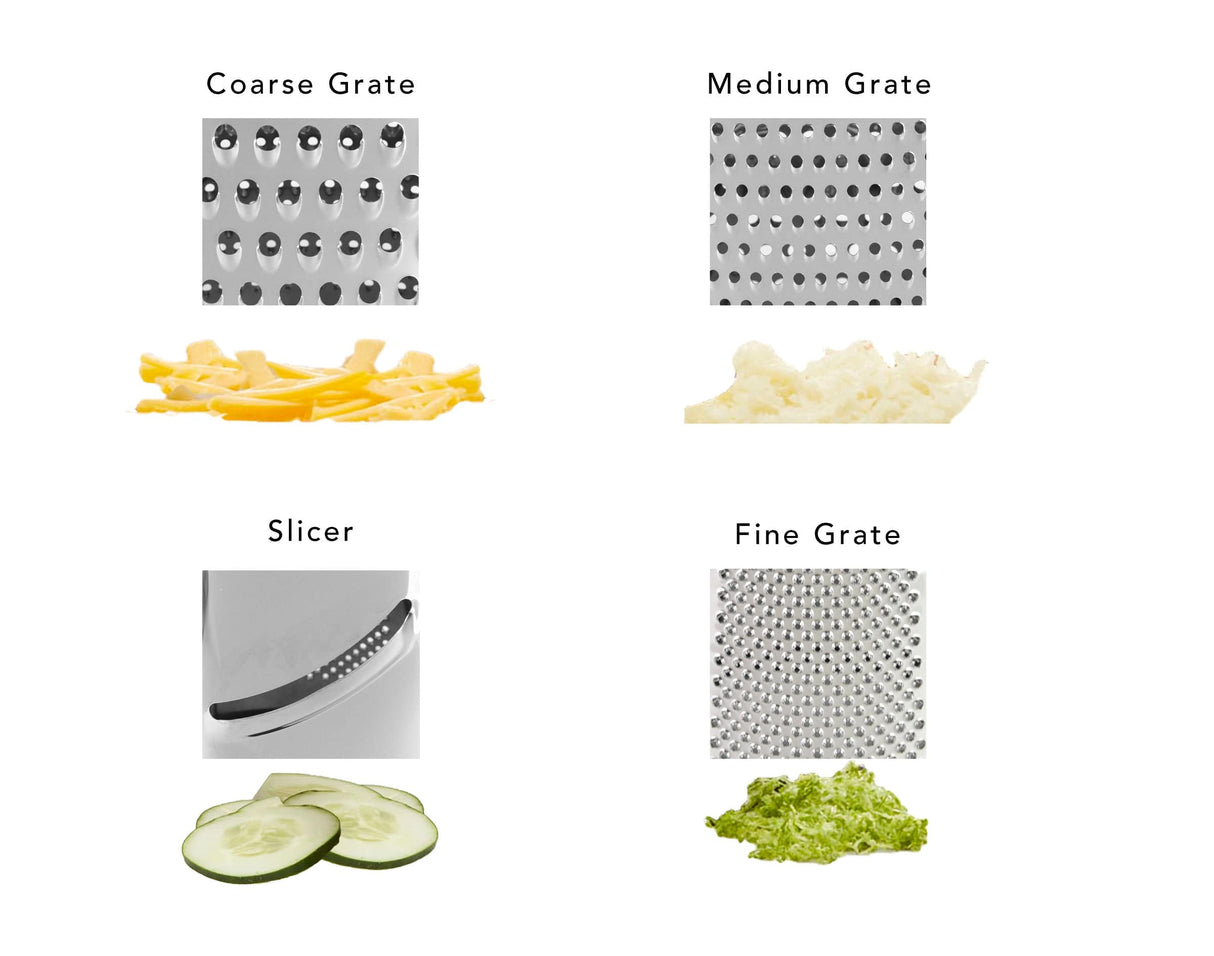 KitchenAid Gourmet 4-Sided Stainless Steel Box Grater for Fine, Medium and Coarse Grate, and Slicing, Detachable 3 Cup Storage Container and Measurment Markings, Dishwasher Safe, 10 inches tall, Black