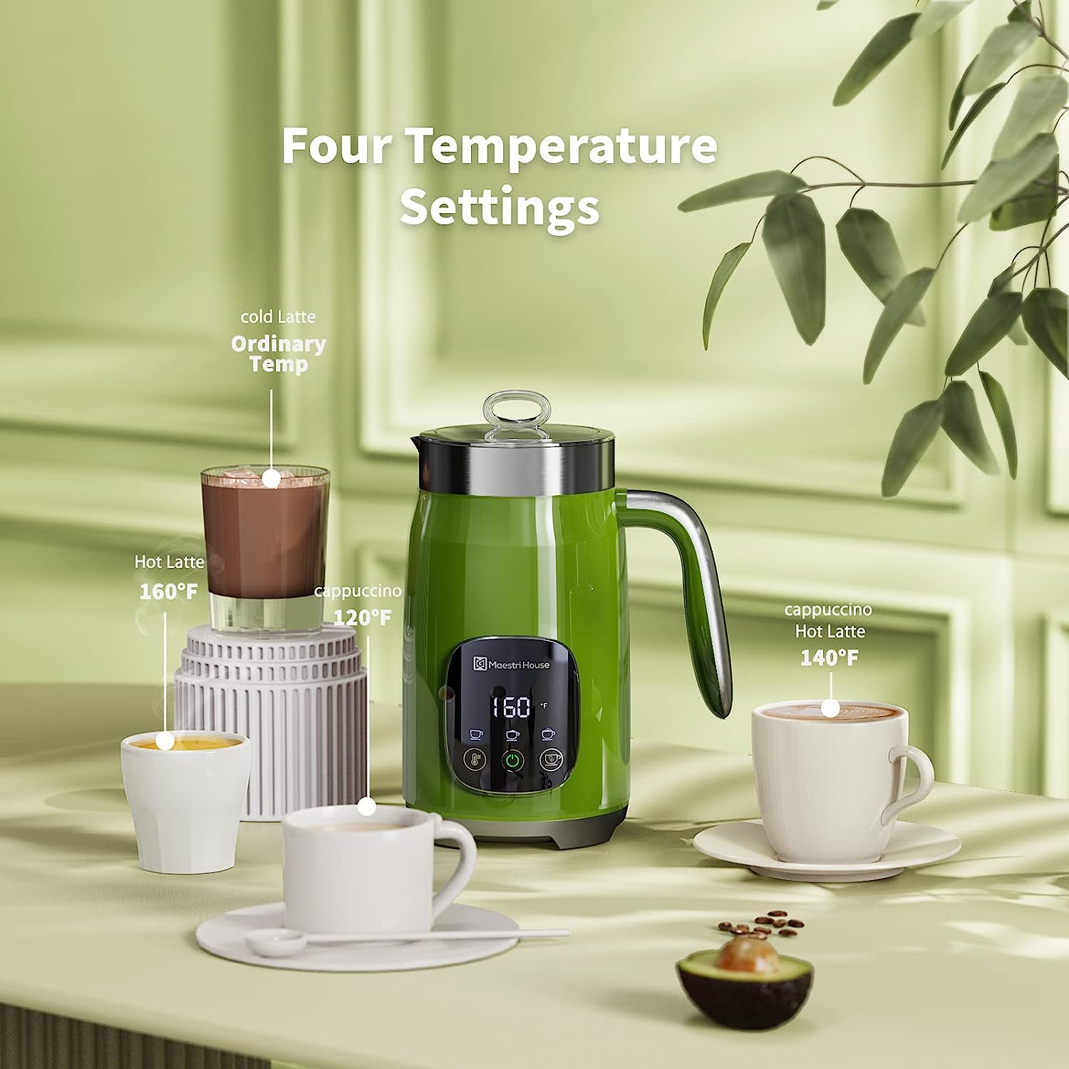 Maestri House MMF-9201-G 14oz Smart Adjustable Temperature & Thickness Control for Lattes, Cappuccinos, and Mochas Integrated Milk Frother Green