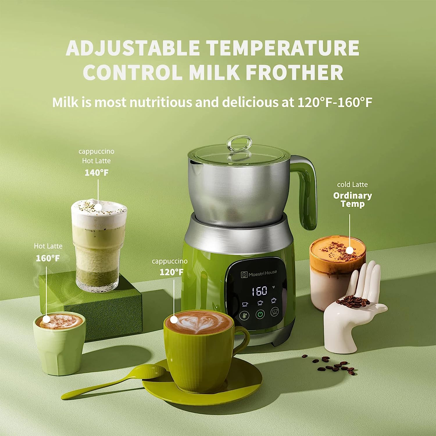 Maestri House 21oz Smart Touch Control,Variable Temp and Froth Thickness Detachable Milk Frother Green