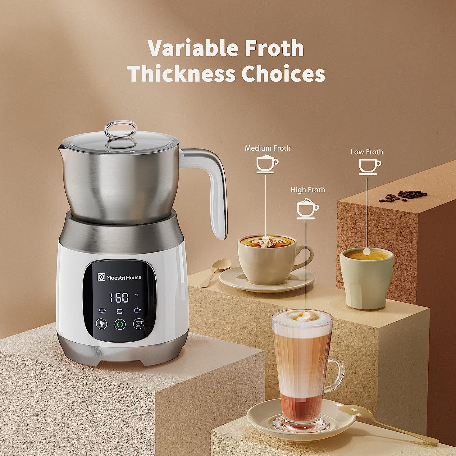 Maestri House MMF-9304-W 21oz Smart Touch Control,Variable Temp and Froth Thickness Detachable Milk Frother White
