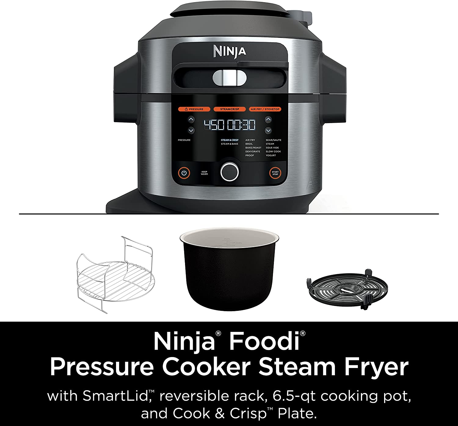 Ninja Foodi 14-in-1 6.5 Quart SmartLid Pressure Cooker Steam Fryer, Silver/Black