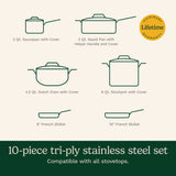 Cuisinart French Classic Tri-Ply Stainless Cookware 10 Piece Set, Silver