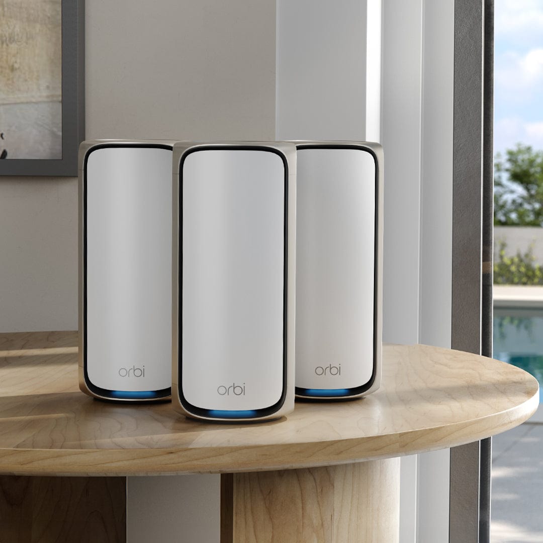 Netgear Orbi 970 Series RBE973S Quad-Band WiFi 7 Mesh System, 3-Pack (Router + 2 Satellites), 27Gbps, Covers Up to 10000 Sq. Ft., White