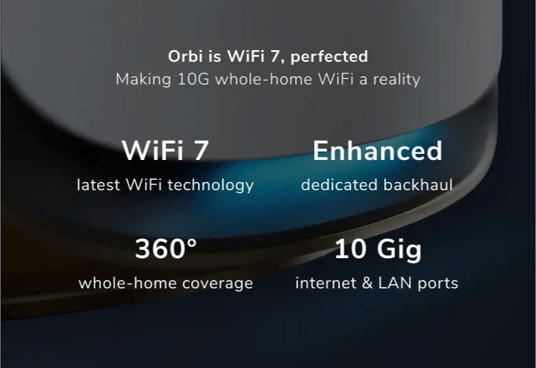 Netgear Orbi 970 Quad-Band WiFi 7 Mesh System, 27Gbps, 10000 sq.ft. Coverage, 200 Devices, Router + 2 Satellites - Certified Refurbished