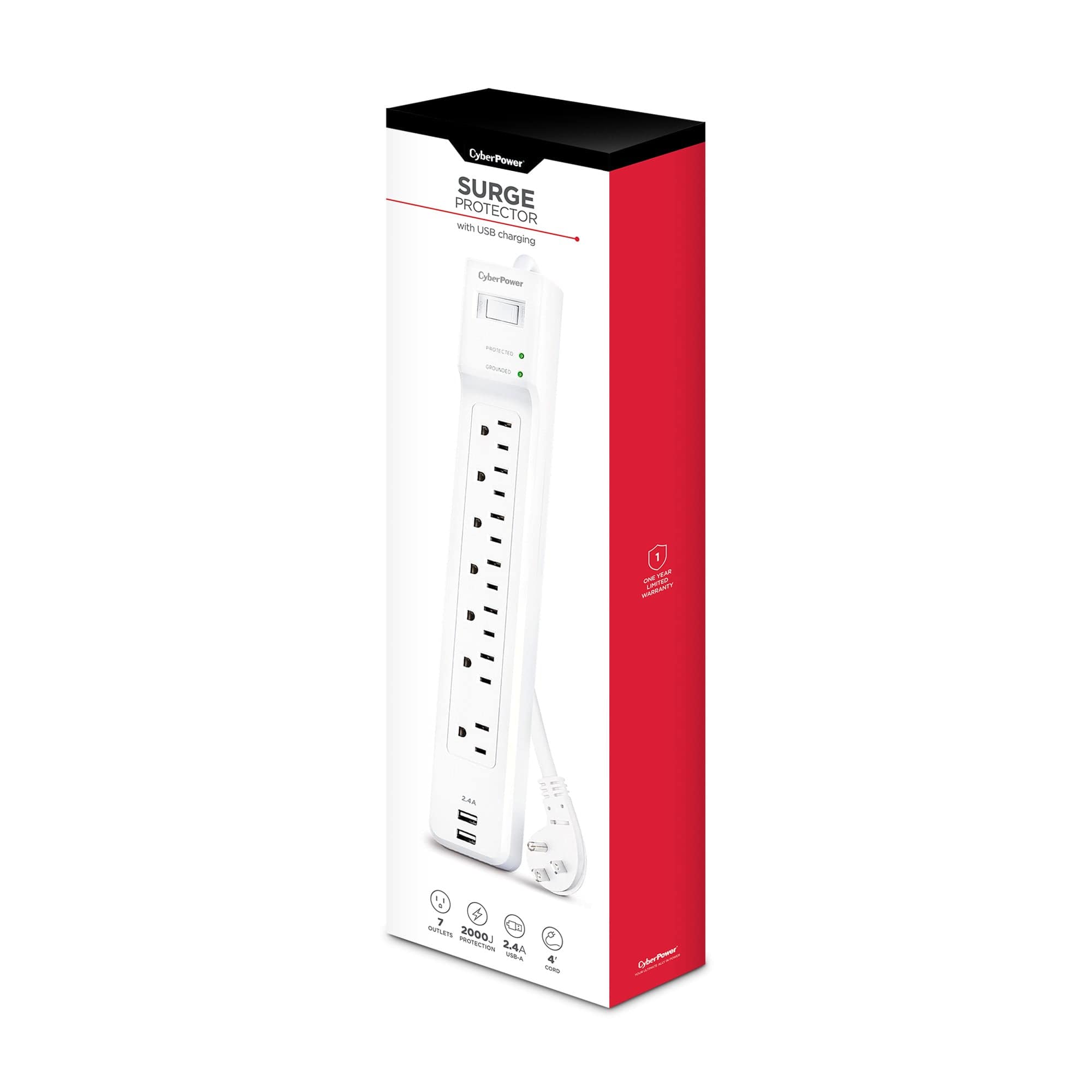 CyberPower Essential 7-Outlet Surge Protector, White
