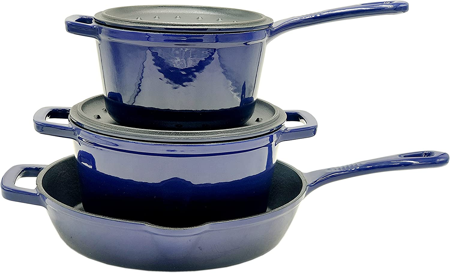 Paula Deen 5 Piece Stackable Nonstick Cast Iron Set Blue Sapphire