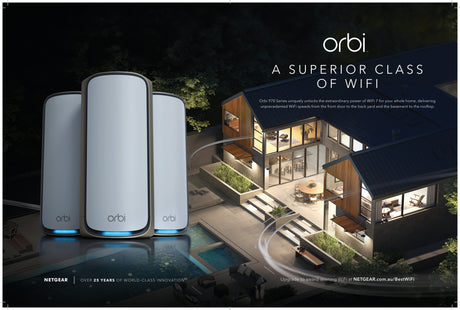Netgear Orbi 970 Series RBE973S Quad-Band WiFi 7 Mesh System, 3-Pack (Router + 2 Satellites), 27Gbps, Covers Up to 10000 Sq. Ft., White