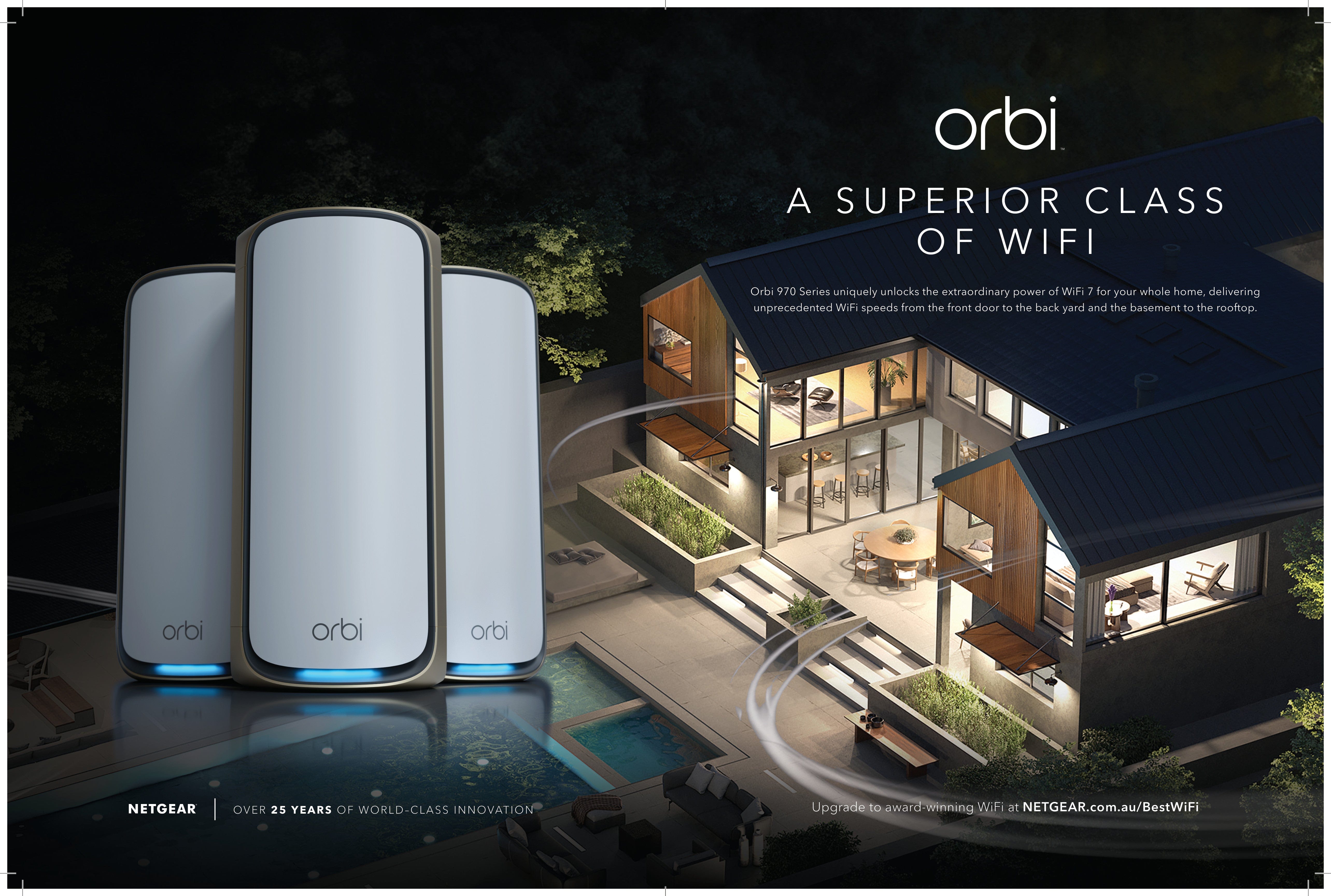 Netgear Orbi 970 Series RBE973S Quad-Band WiFi 7 Mesh System, 3-Pack (Router + 2 Satellites), 27Gbps, Covers Up to 10000 Sq. Ft., White